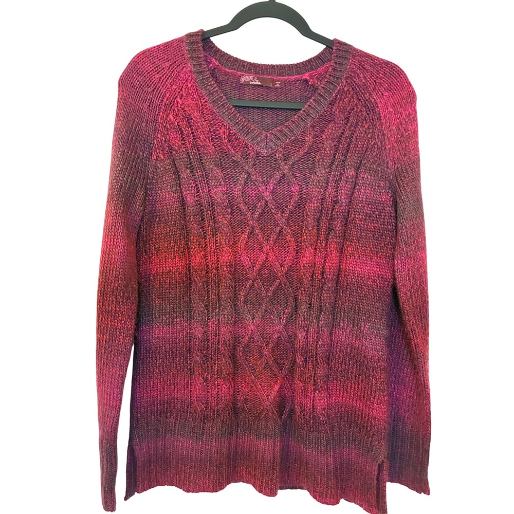 Prana Womens V-Neck Cable Knit Sweater Space Dye Ombre Burgundy Magenta Large